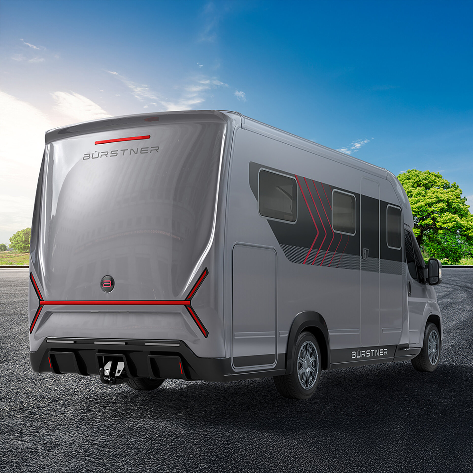 Rückansicht graues teilintegriertes Reisemobil.