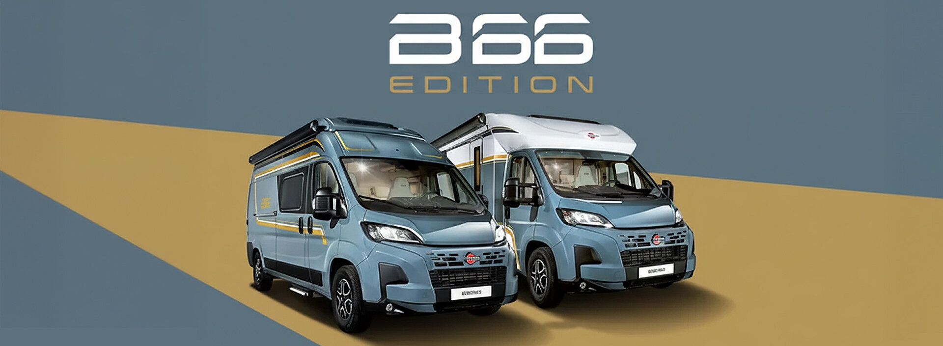 Zwei Reisemobile der B66 Sonderedition auf blau-grau und goldenem Grund.