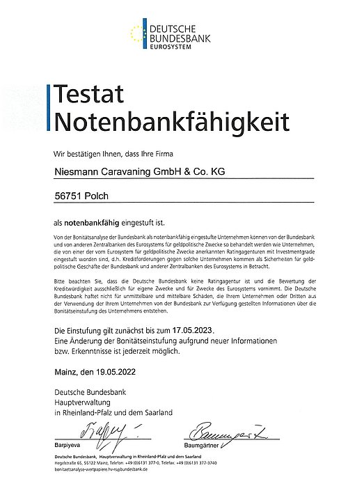 Testat zur Notenbankfähigkeit Niesmann Caravaning