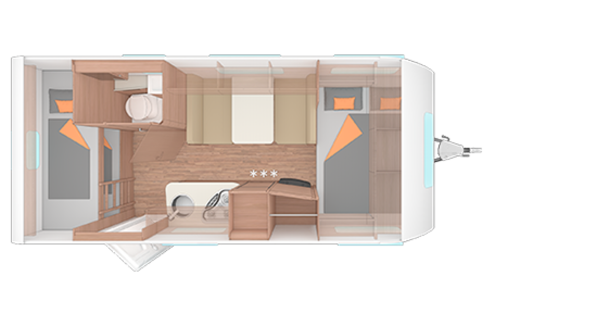 Indeling van de caravan CaraOne 480 QDK.