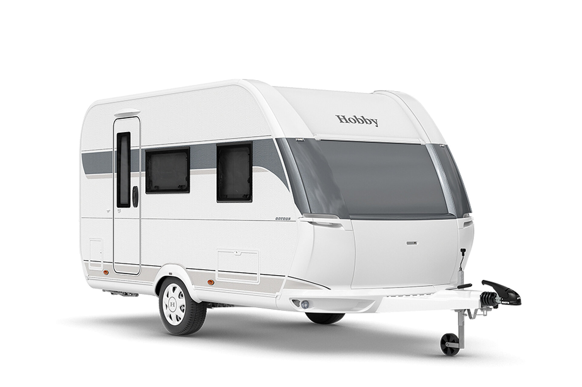 Weißer Wohnwagen mit grauen Details.