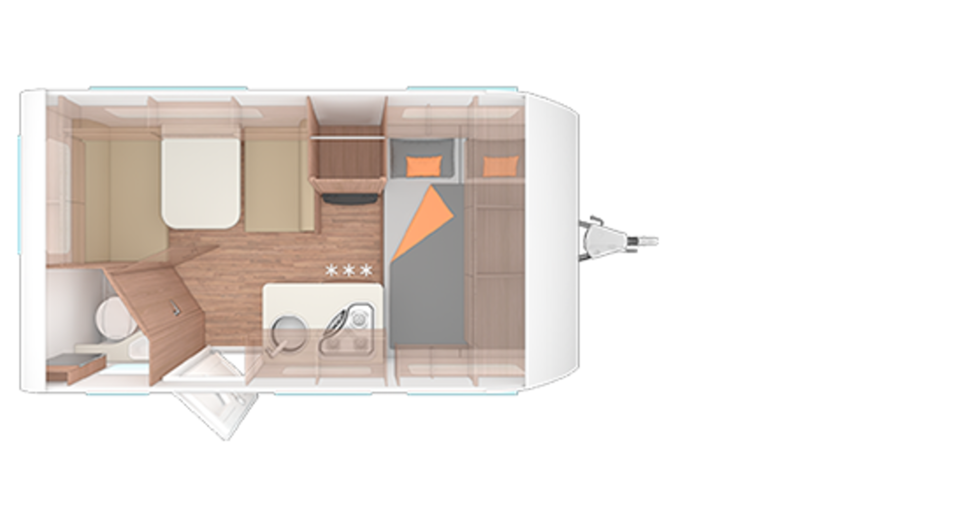 Indeling van de caravan CaraOne 390 QD.