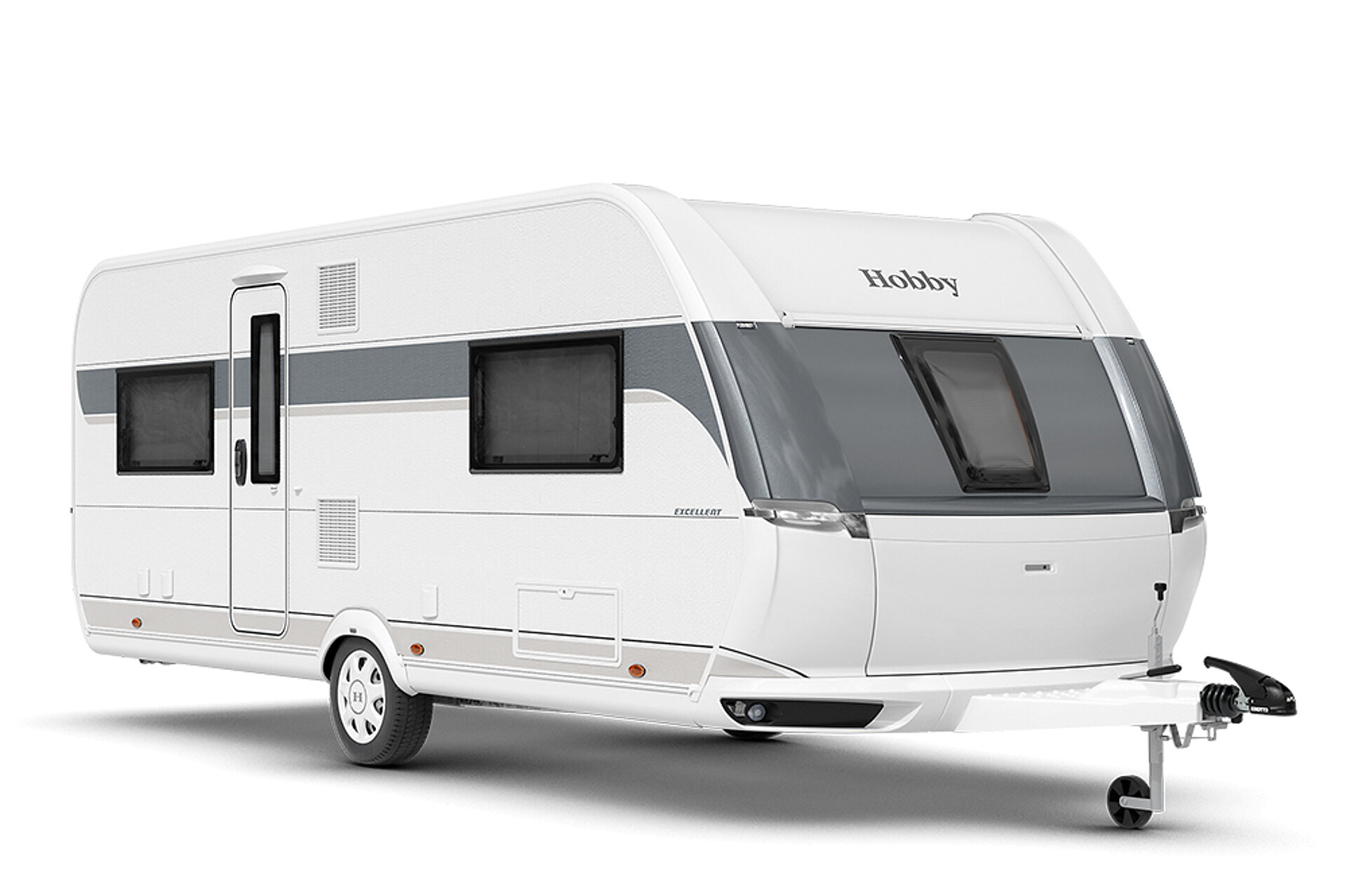 Weißer, großer Familien-Wohnwagen mit grauen Details.