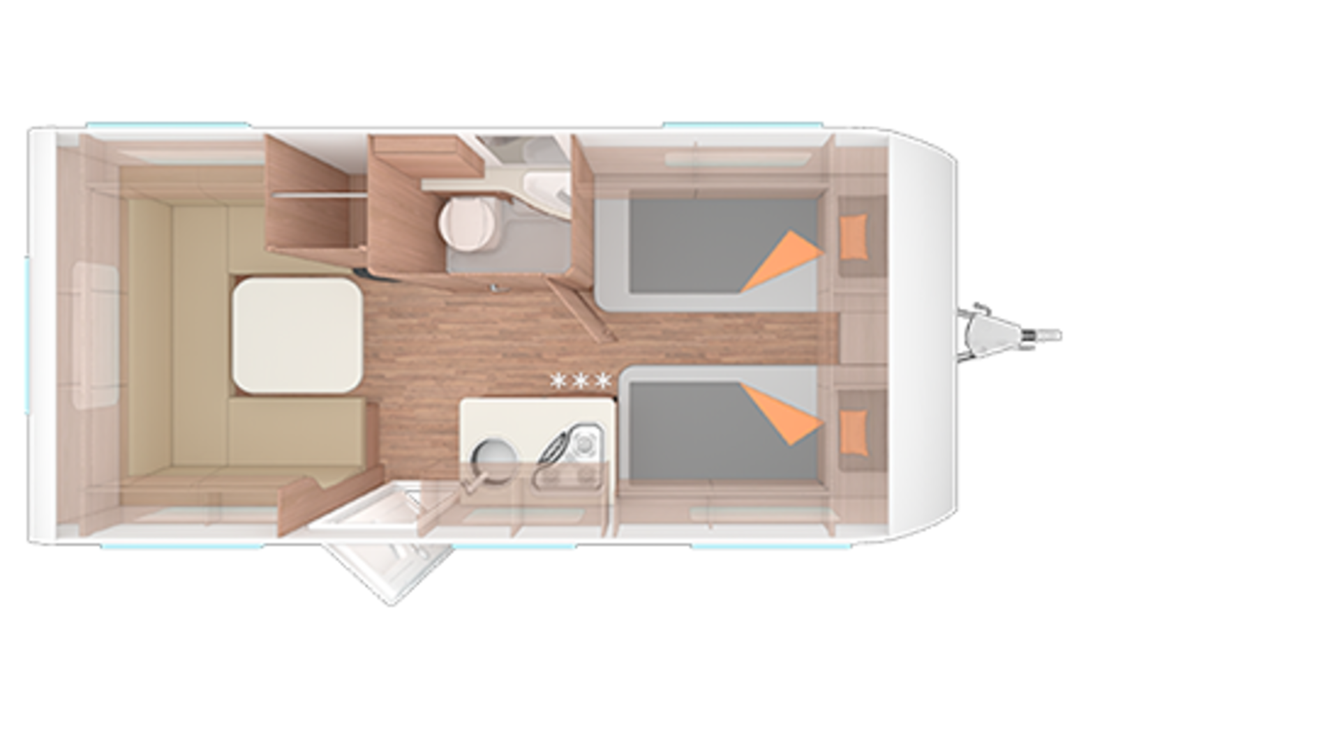 Indeling van de caravan CaraOne 480 EU.