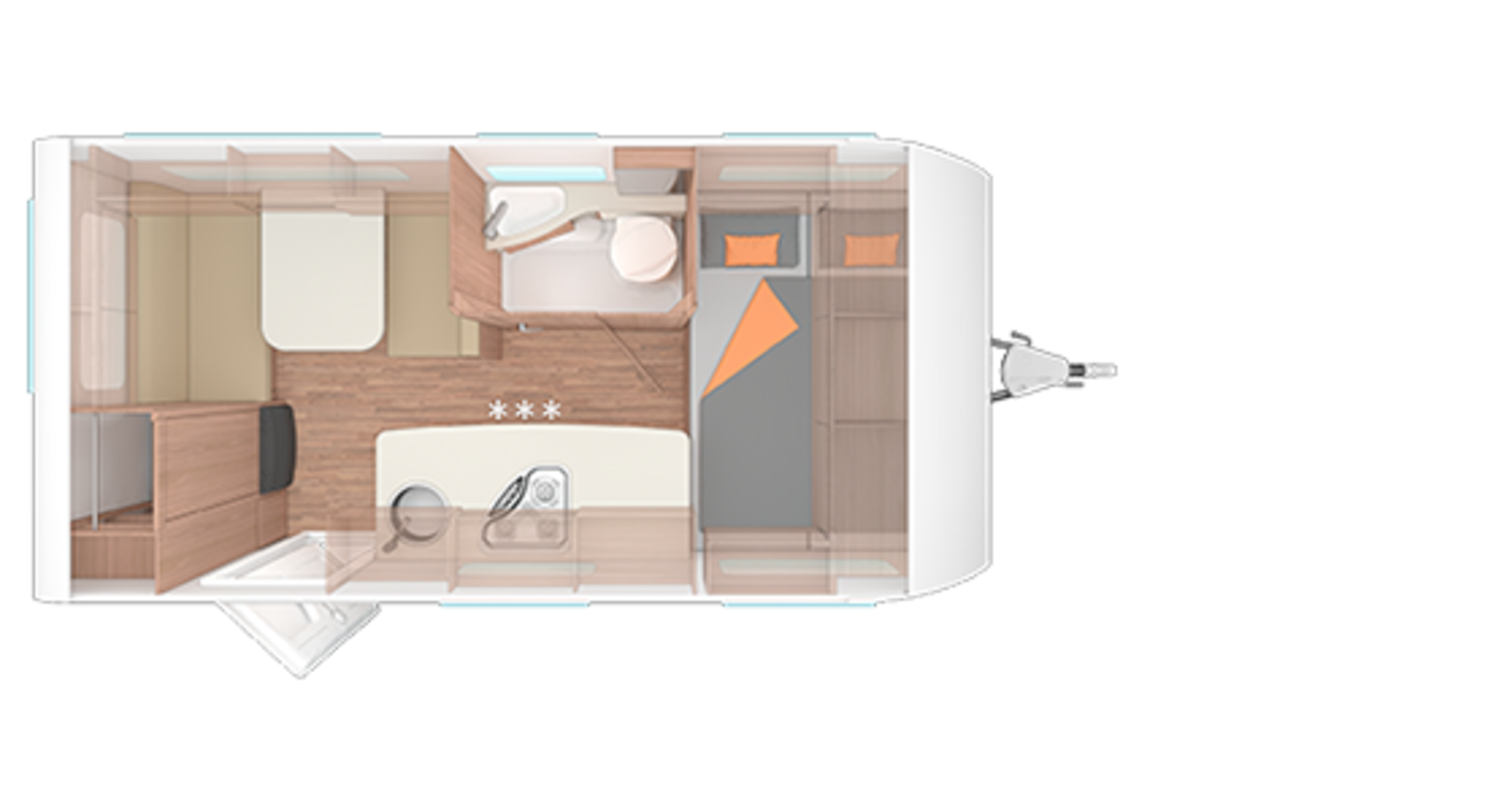 Indeling van de caravan CaraOne 420 QD.