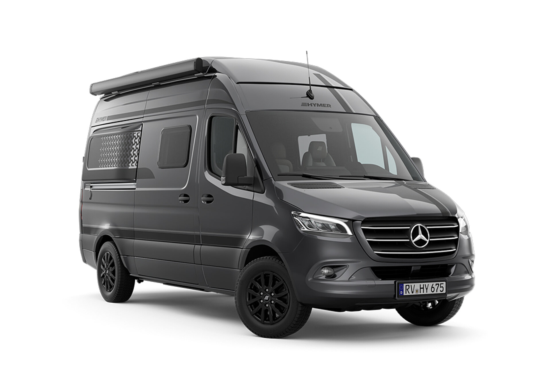 Donkere camper, vrijstaand.