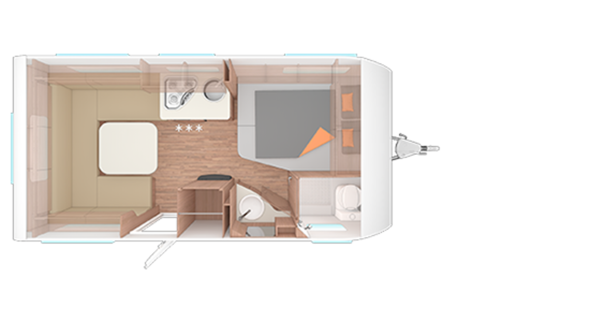 Indeling van de caravan CaraOne 450 FU.
