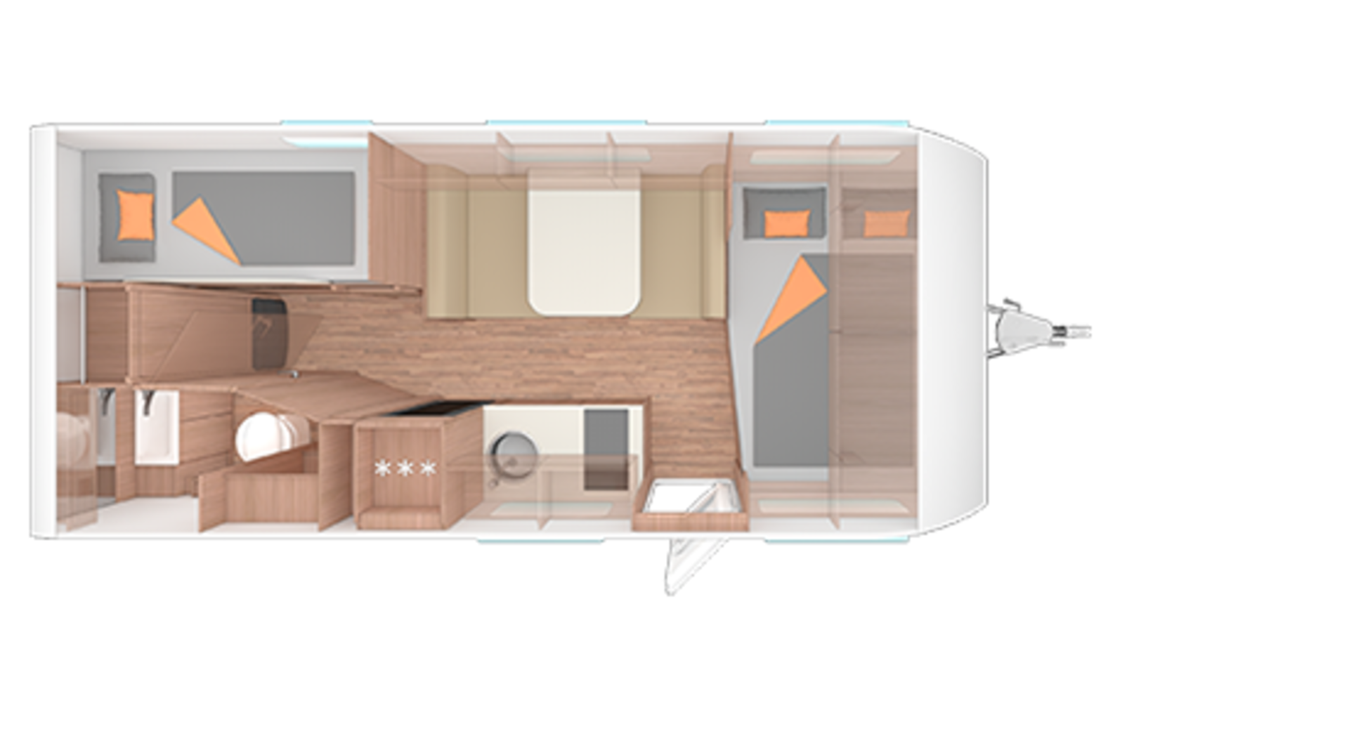 Indeling van de caravan CaraLife 500 QDK.