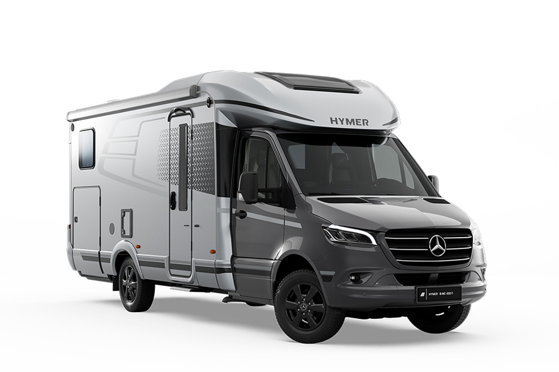 Half-integraal camper met grijze bestuurderscabine.