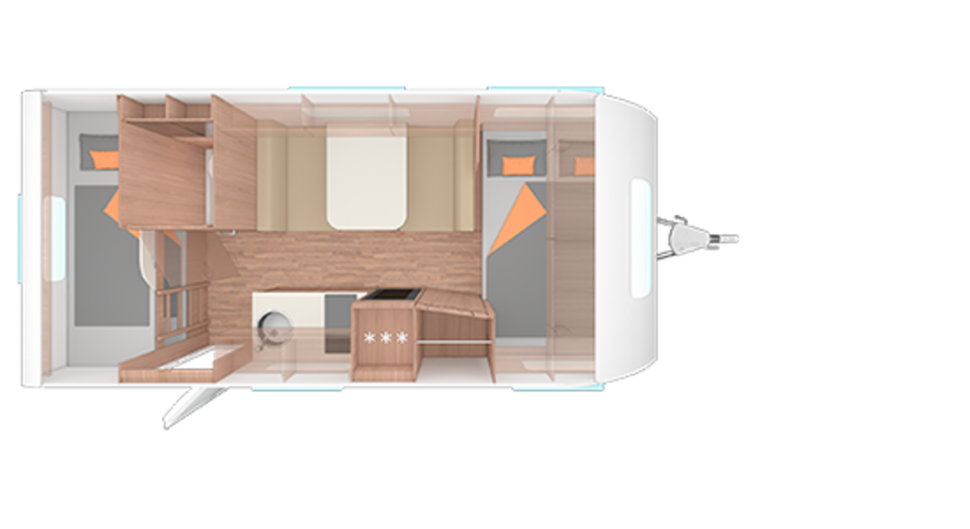 Indeling van de caravan CaraLife 470 QDK.