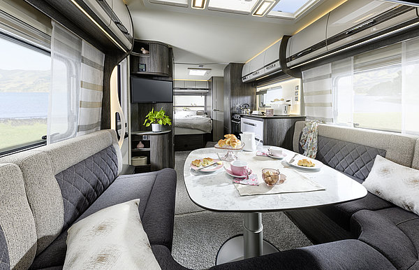 Fendt caravan dining table and seating area