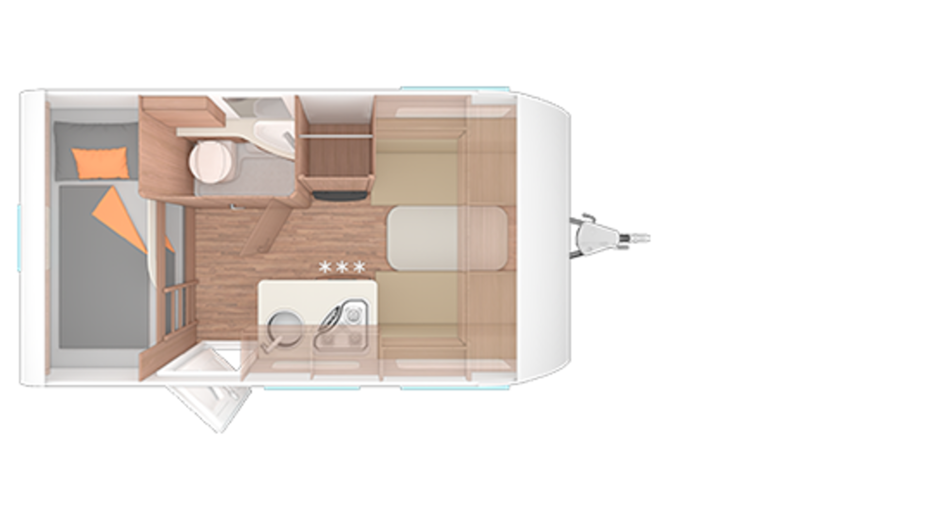 Indeling van de caravan CaraOne 400 LK.