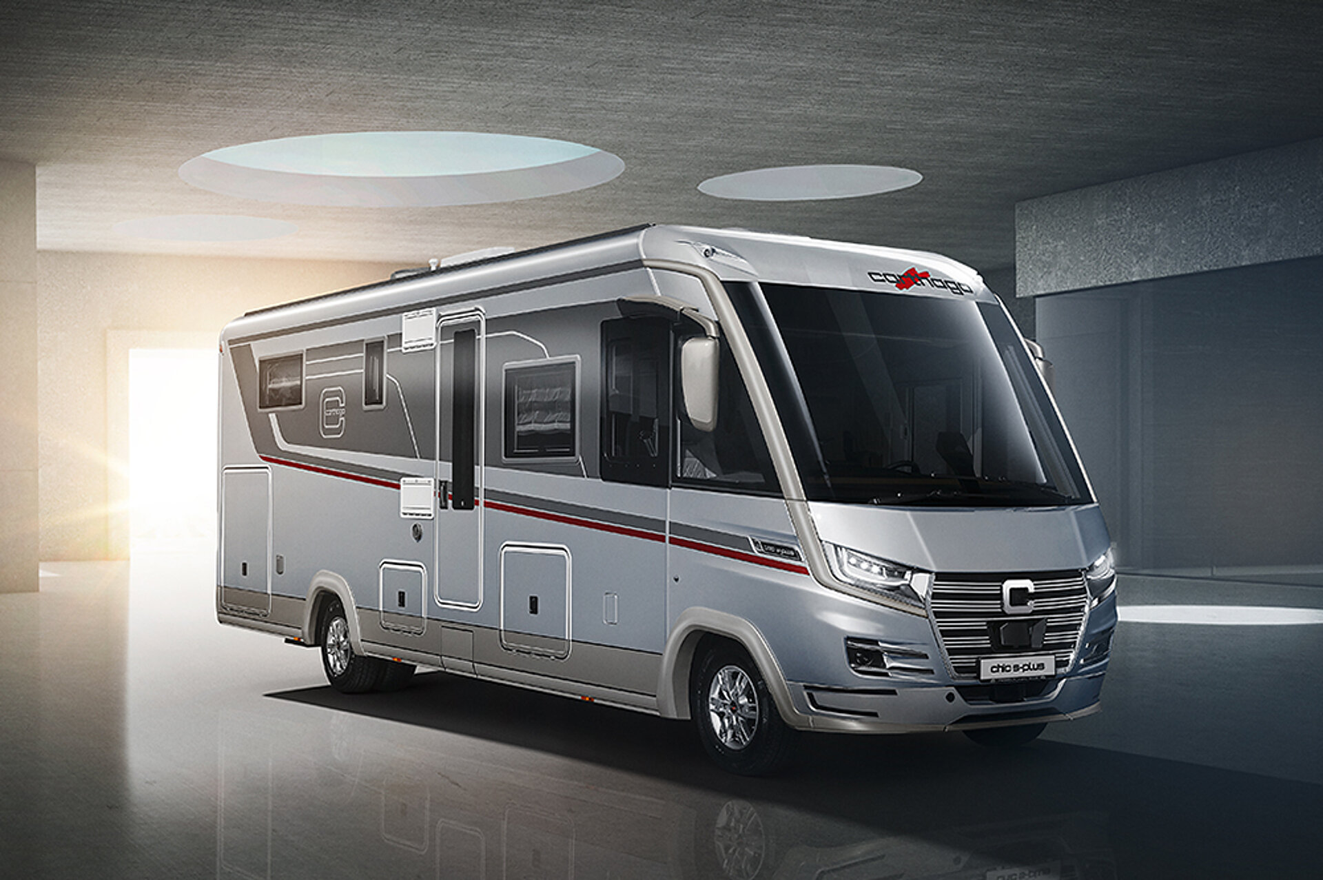 Weißes Wohnmobil vor einem futuristischem Hintergrund.