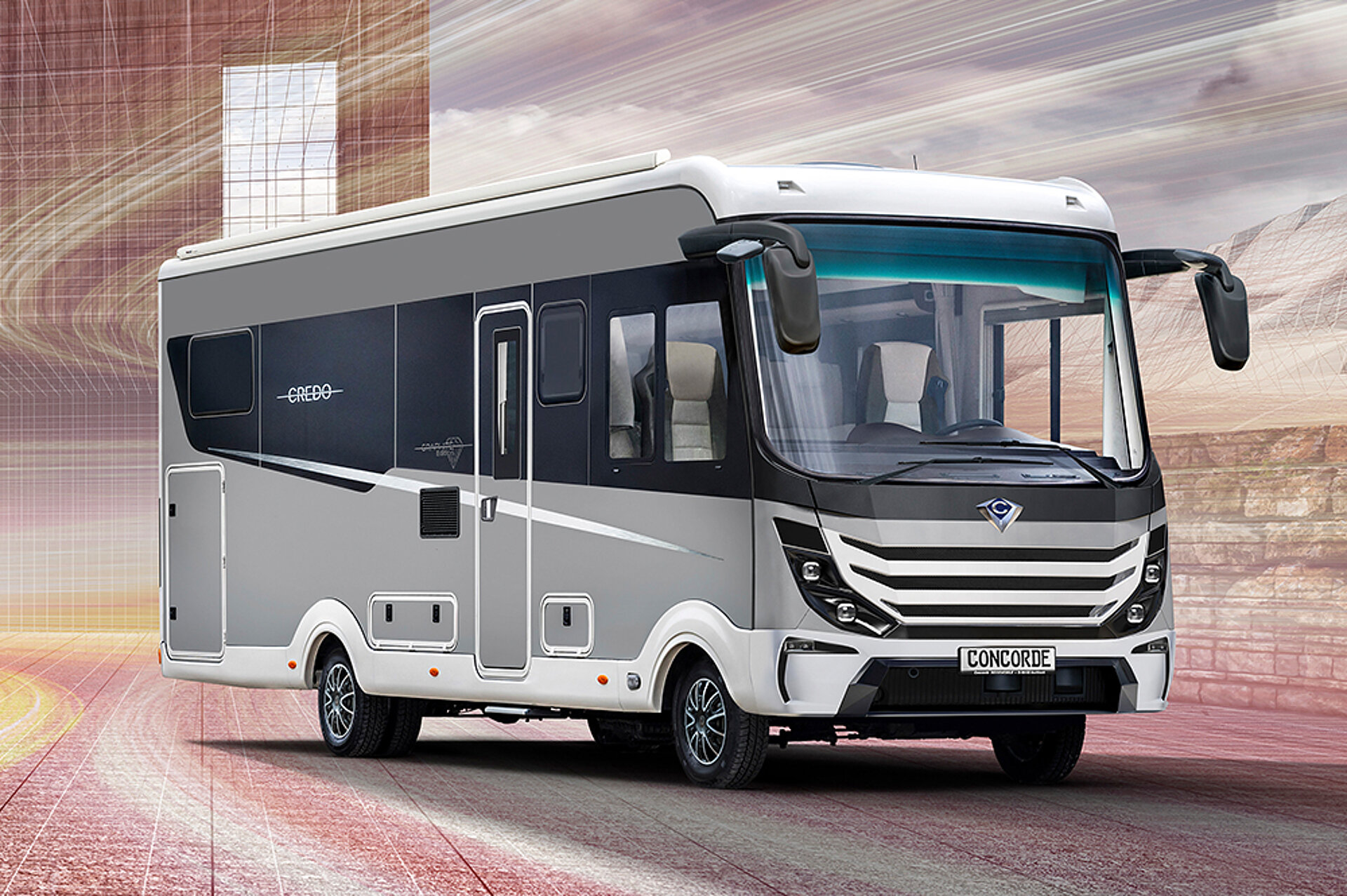 Ein Concorde Credo in der Graphite Edition steht auf einer futuristischen Straße.