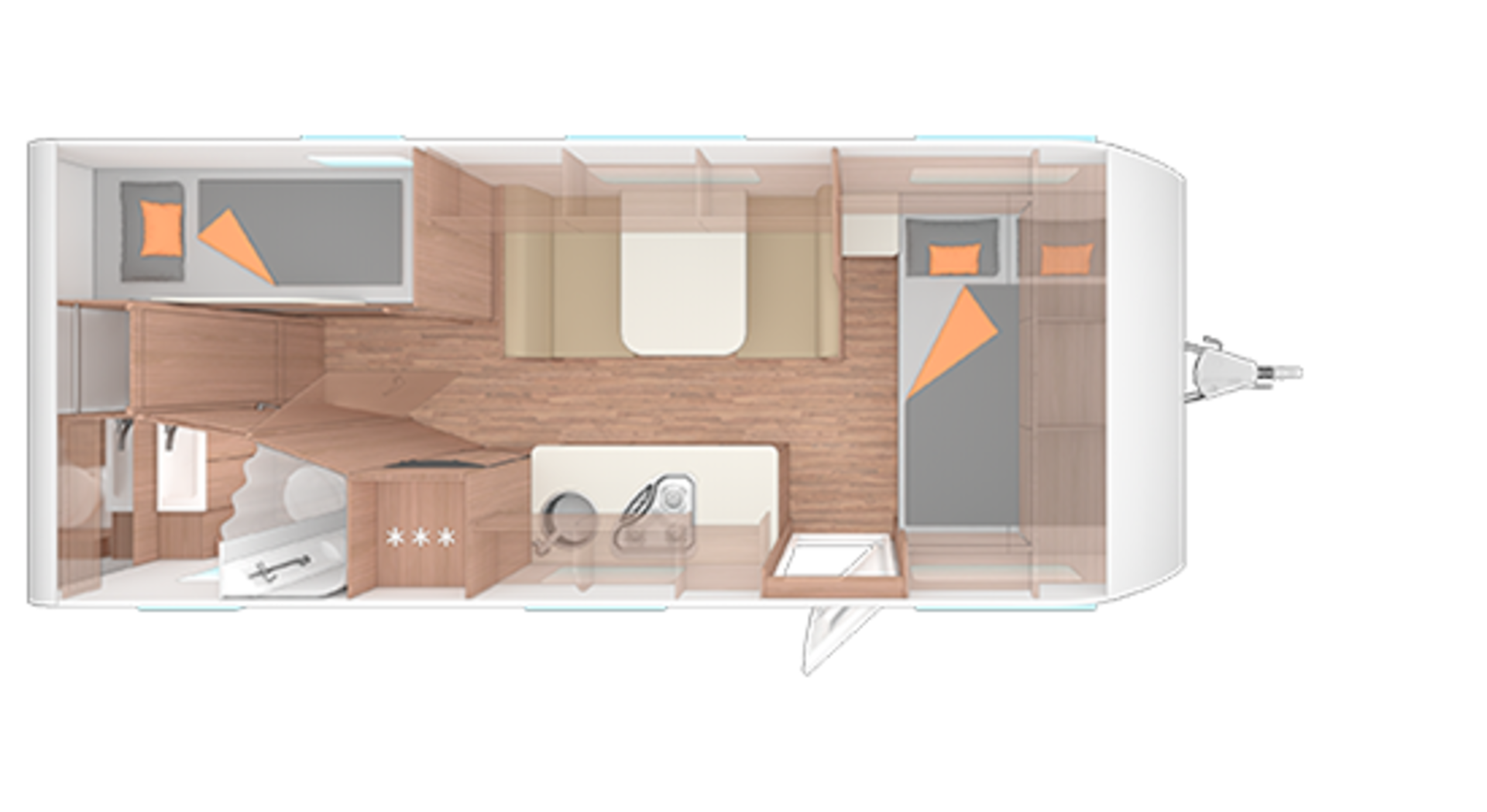 Indeling van de caravan CaraOne 550 QDK.