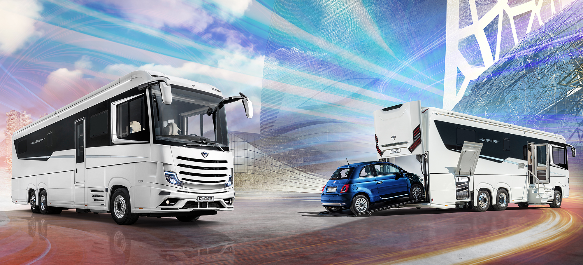 Zwei Darstellungen des Concorde Centurion vor einem futuristischen Hintergrund.