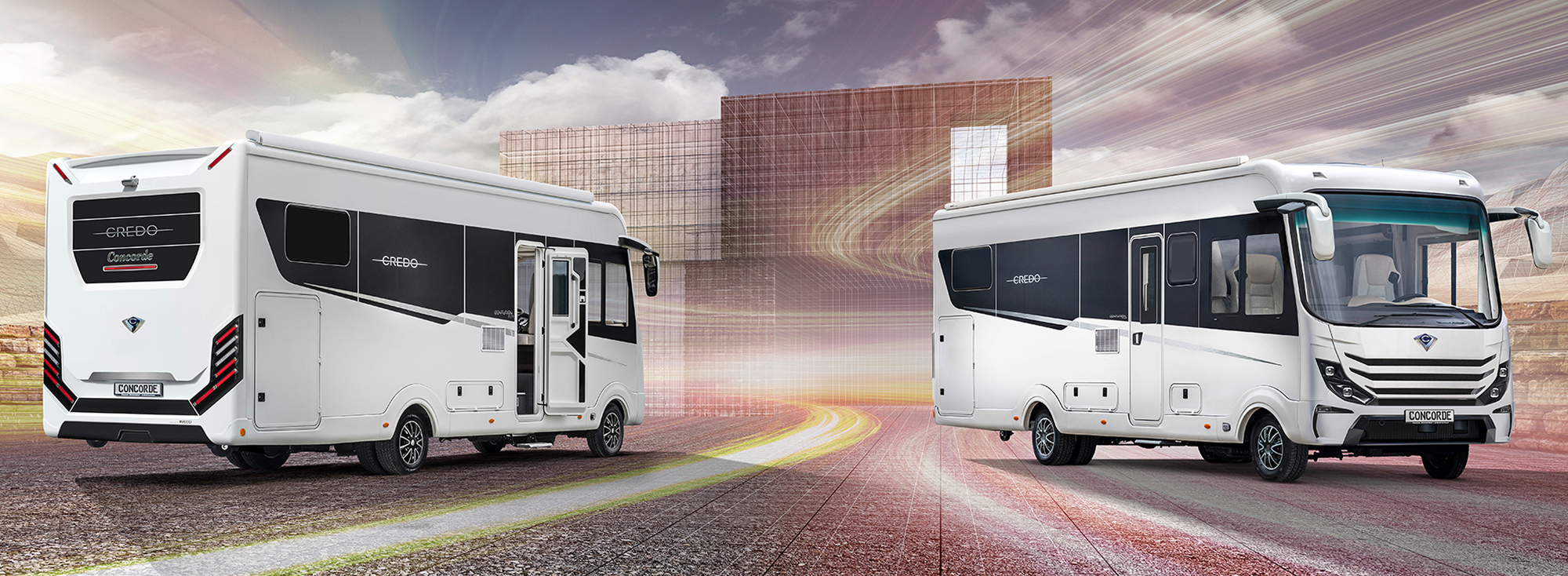 Heck- und Frontansicht des Concorde Credo vor einem futuristischen Gebäude.