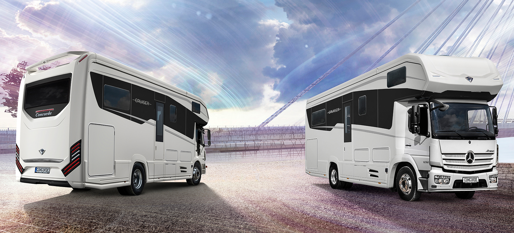 Zwei Darstellungen des Concorde Cruiser vor einem futuristischen Hintergrund.