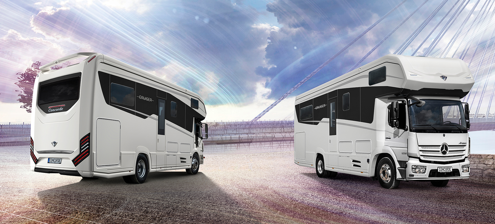 Zwei Darstellungen des Concorde Cruiser vor einem futuristischen Hintergrund. 