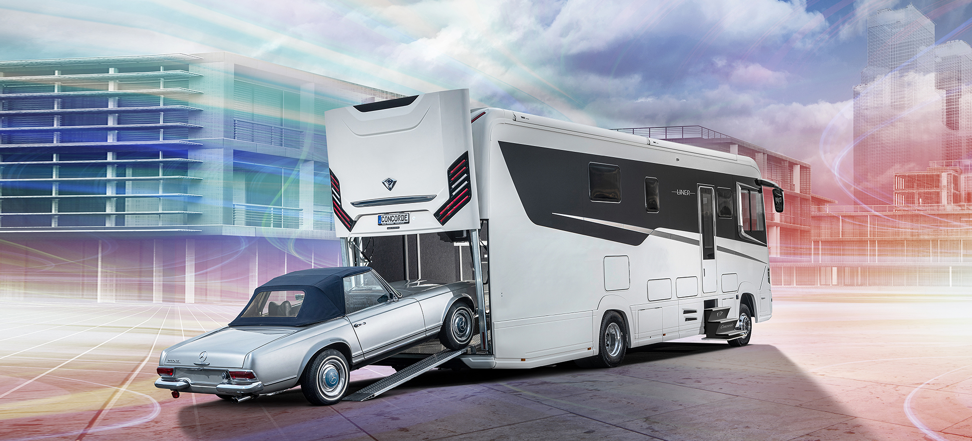 Darstellung des Concorde Liner Actros vor einem futuristischen Hintergrund. 