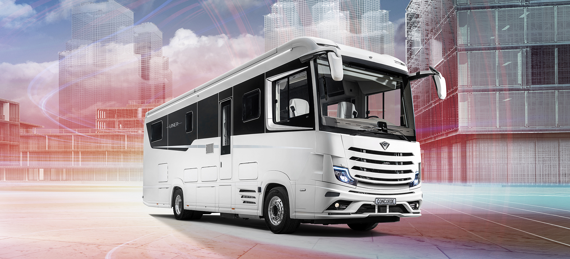 Darstellung des Concorde Liner Atego vor einem futuristischen Hintergrund. 