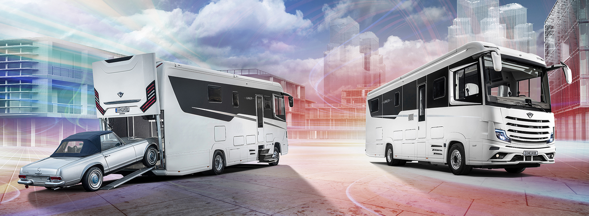 Zwei Darstellungen des Concorde Liner vor einem futuristischen Hintergrund.