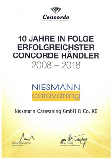 Onderscheiding 10 jaar meest succesvolle Concorde dealer Niesmann Caravaning
