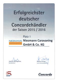 Auszeichnung erfolgreichster Concorde Händler Niesmann Caravaning