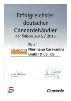 Prijs voor meest succesvolle Concorde dealer Niesmann Caravaning