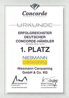 Prijs voor meest succesvolle Concorde dealer Niesmann Caravaning