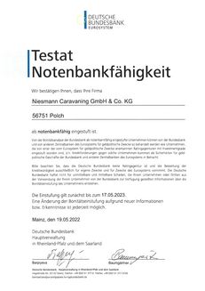 Note bankability Testat Niesmann Caravaning