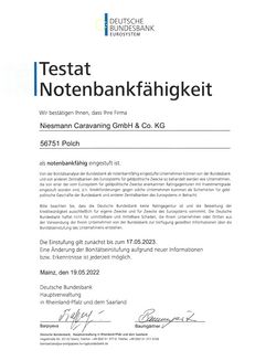 Notenbankfähigkeit Testat Niesmann Caravaning